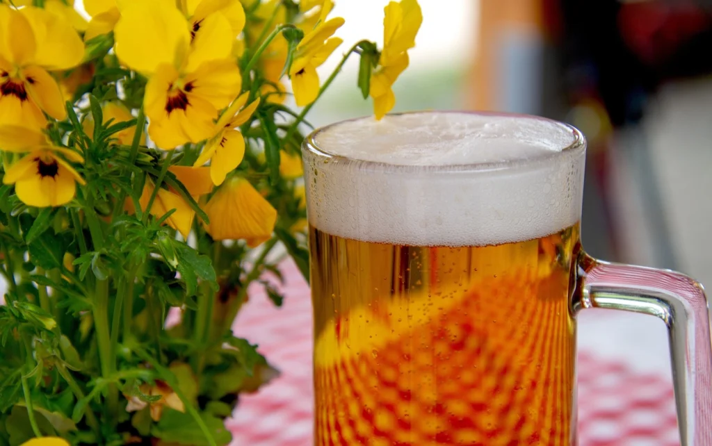 Kühles Bier mit Blumen Biergarten Zur Knödelkiste Lindlar