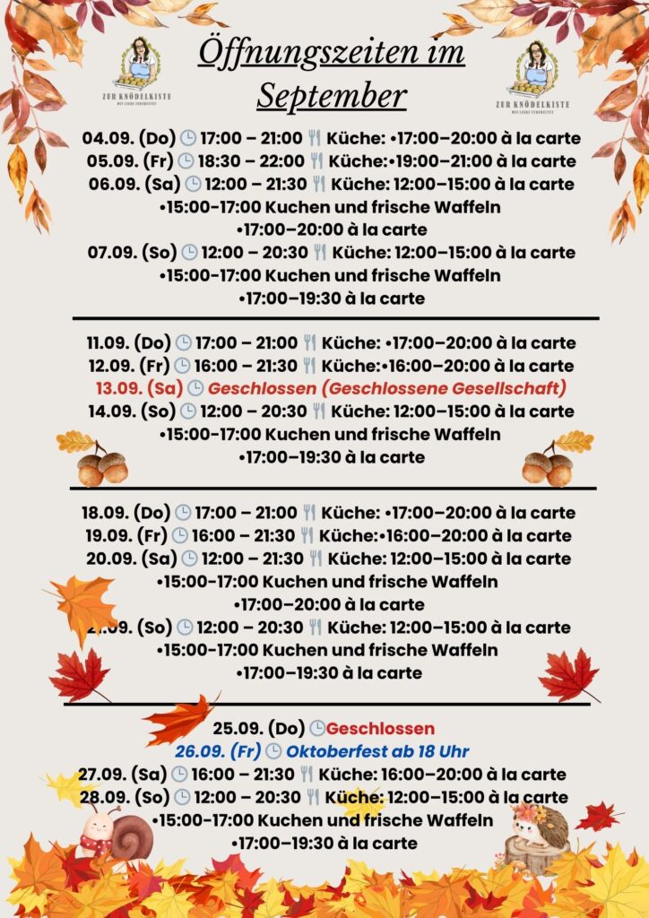 Öffnungszeiten im September Zur Knödelkiste Oberbüschem, Lindlar