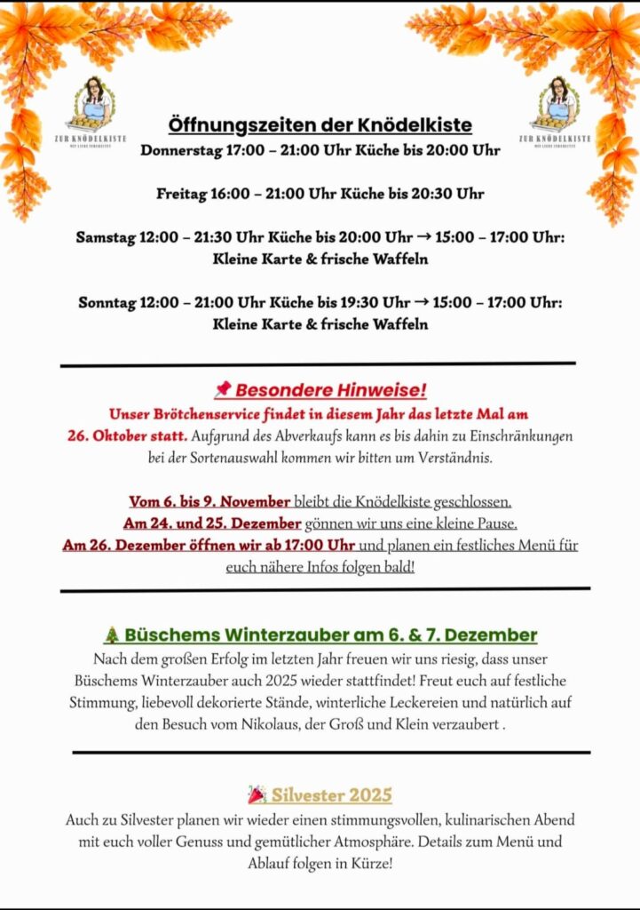 Öffnungszeiten Oktober Zur Knödelkiste Lindlar
